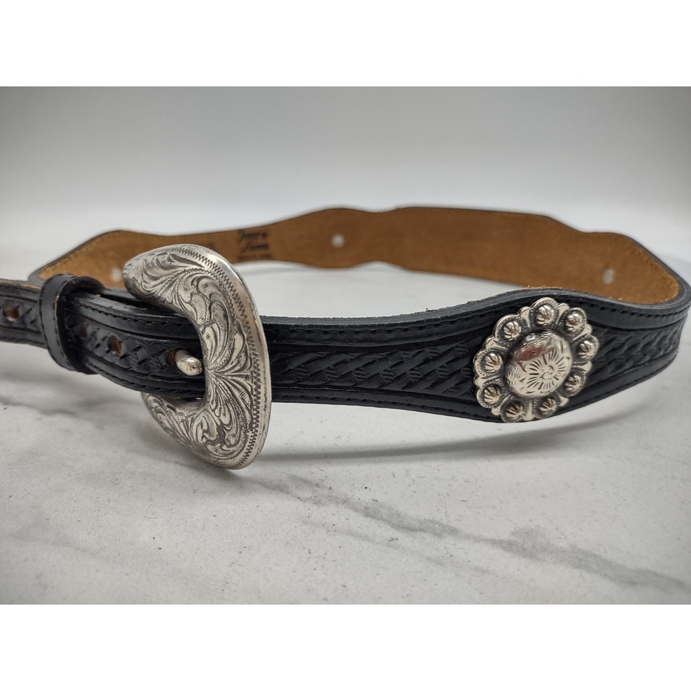 Vtg Tony Lama Black Belt Silver Concho Leather Belt Western Cowboy SIZE 26